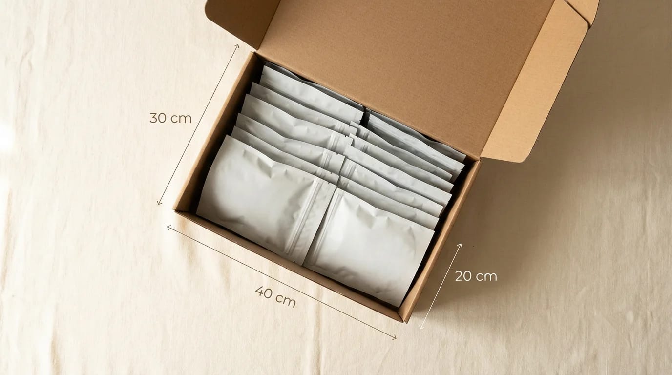 Open cardboard shipping box 40 x 30 x 20 cm with freeze-dried pouches inside